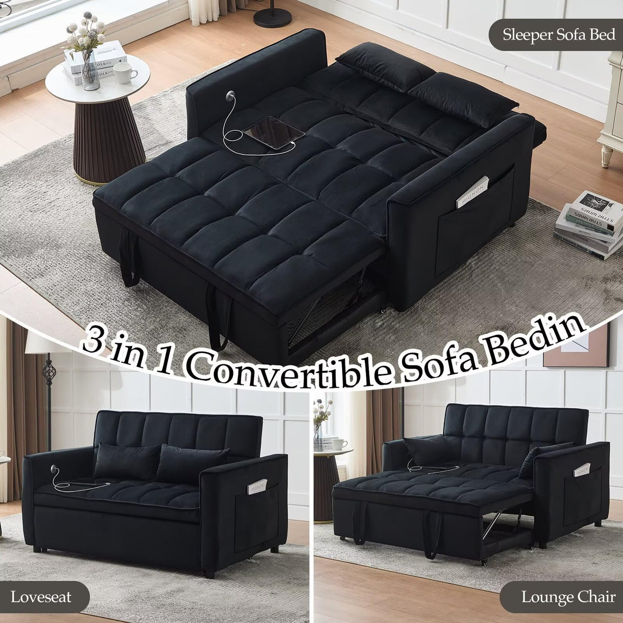 POYISOU Modern 3 in 1 Convertible Sleeper Sofa Couch Bed with USB, Adjustable Backrest Velvet Pull Out Sofa Bed, Loveseat Sleeper Couch, Couches for Living Room, Bedroom, Apartment, Black POYISOU