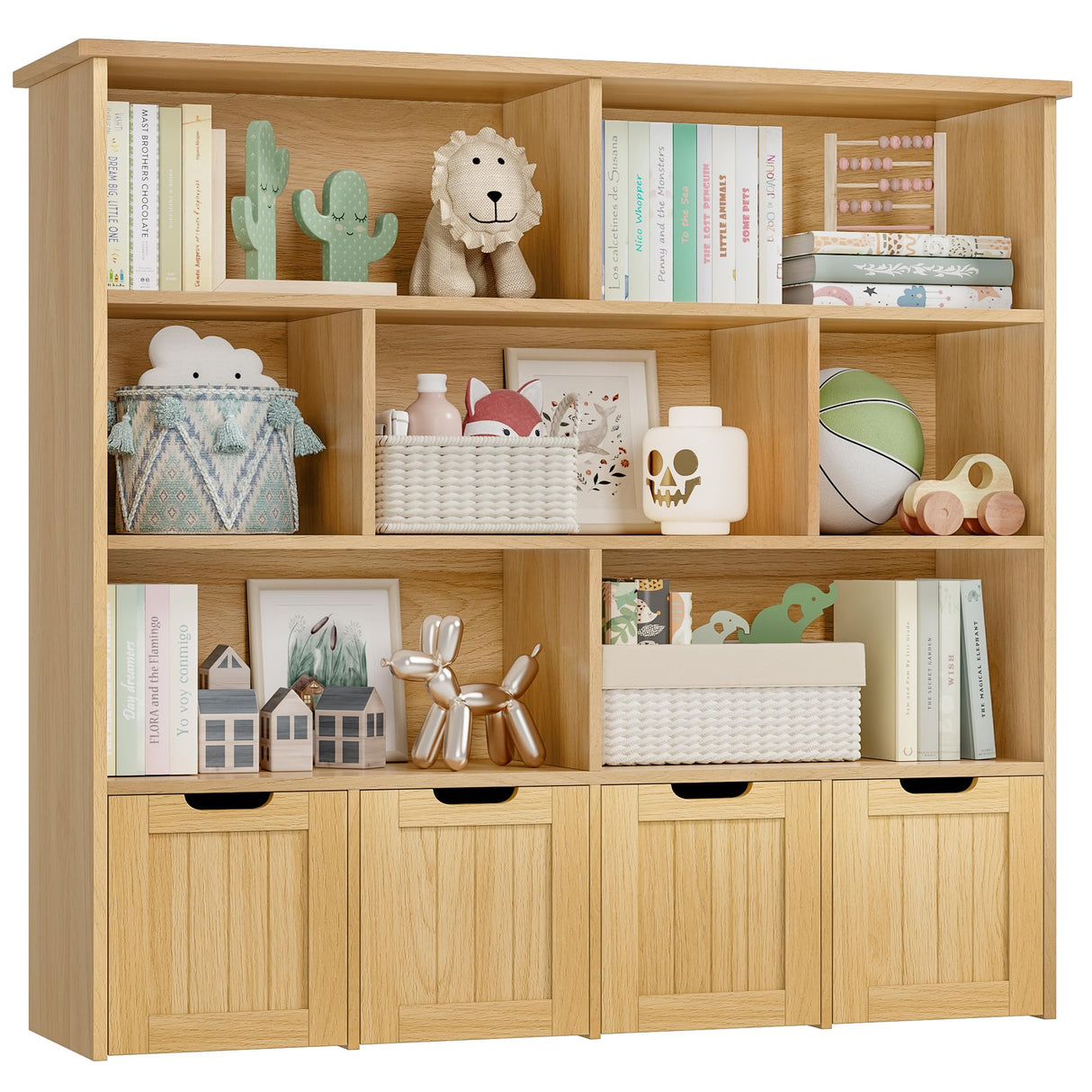 FINETONES Toy Storage Organizer, Large Toy Organizers and Storage with 4 Movable Drawers and 7 Storage Cubbies, Toy Chest Shelf Kids Bookshelf with Hidden Wheels, Natural FINETONES