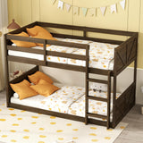 LUKEEHOM Bunk Bed Twin Over Twin, Wood Low Profile Floor Twin Bunk Beds with Headboard Ladder Guardrails for Kids Boys and Girls, No Box Spring Needed LUKEEHOM