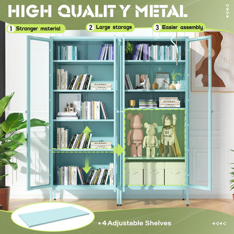 Crownland Metal Storage Cabinet with Glass Doors, Display Curio Glass Cabinet with 4 Adjustable Shelves, Tall Modern Office Storage Cabinets for Home Office, Living Room, Pantry(Light Blue) Crownland