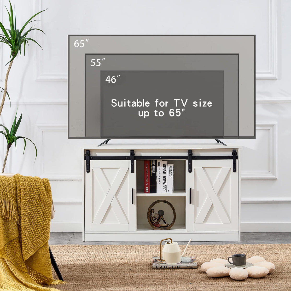 Meihua 47'' Farmhouse TV Stand with Sliding Barn Doors, Fits up to 65 Inch TVs, Modern Entertainment Center with Storage Cabinets and Open Shelves, White Wood Console Table for Living Room, Bedroom Meihua