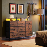 WLIVE Dresser TV Stand for 50, 55 inch, Led Chest of Drawers for Bedroom, Rustic Brown Dresser for Bedroom with LED Lights and Charging Station, 9 Fabric Drawers, Wood Top, Living Room, Closet WLIVE