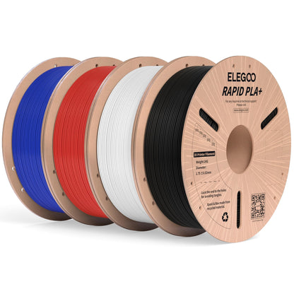 ELEGOO Rapid PLA Plus Filament 1.75mm Bundle 4KG, PLA+ 3D Printer Filament for Fast Printing, Dimensional Accuracy +/- 0.02 mm, 4 Pack 1kg Cardboard Spool(2.2lbs) Black/White/Blue/Red - WoodArtSupply