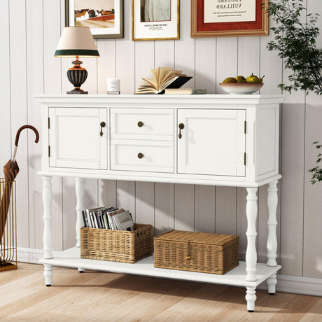 ARTPOWER Console Table with 2 Drawers, Retro Entryway Table with 2 Door Cabinets and Open Storage Shelf, Narrow Long Sofa Table, Behind Couch Table for Living Room, Foyer and Hallway, Antique White ARTPOWER