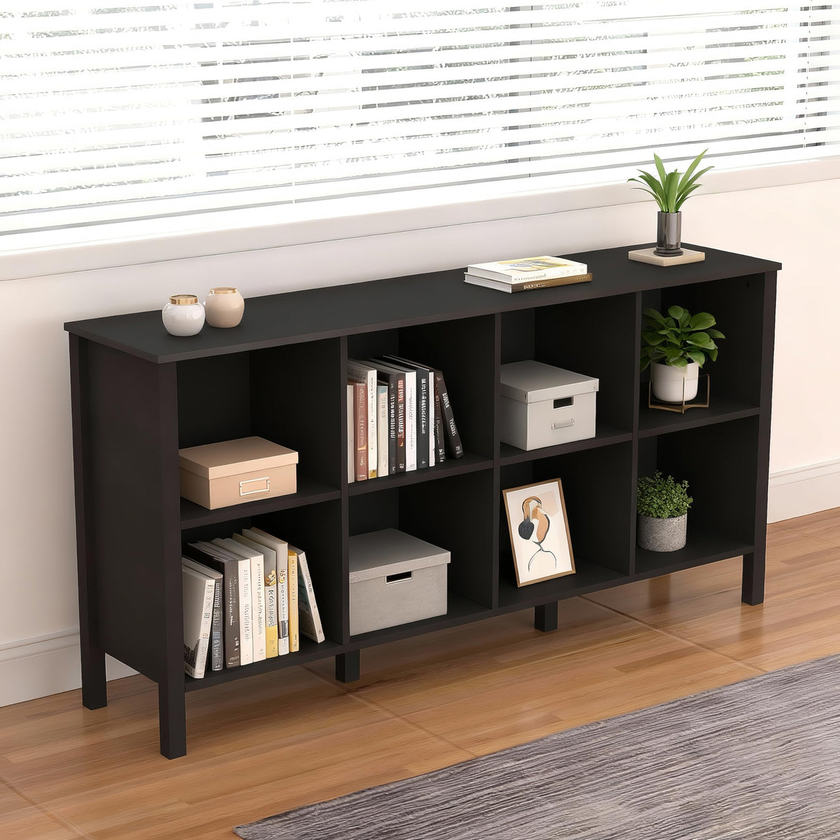 NewBeth 8-Cube Bookcase, Farmhouse Wooden Bookshelf Low Storage Organizer, 59" Horizontal Black Console with Legs, Hallway Book Case for Entryway, Display Cabinet for Living Room (Black, 8-Cube) NewBeth