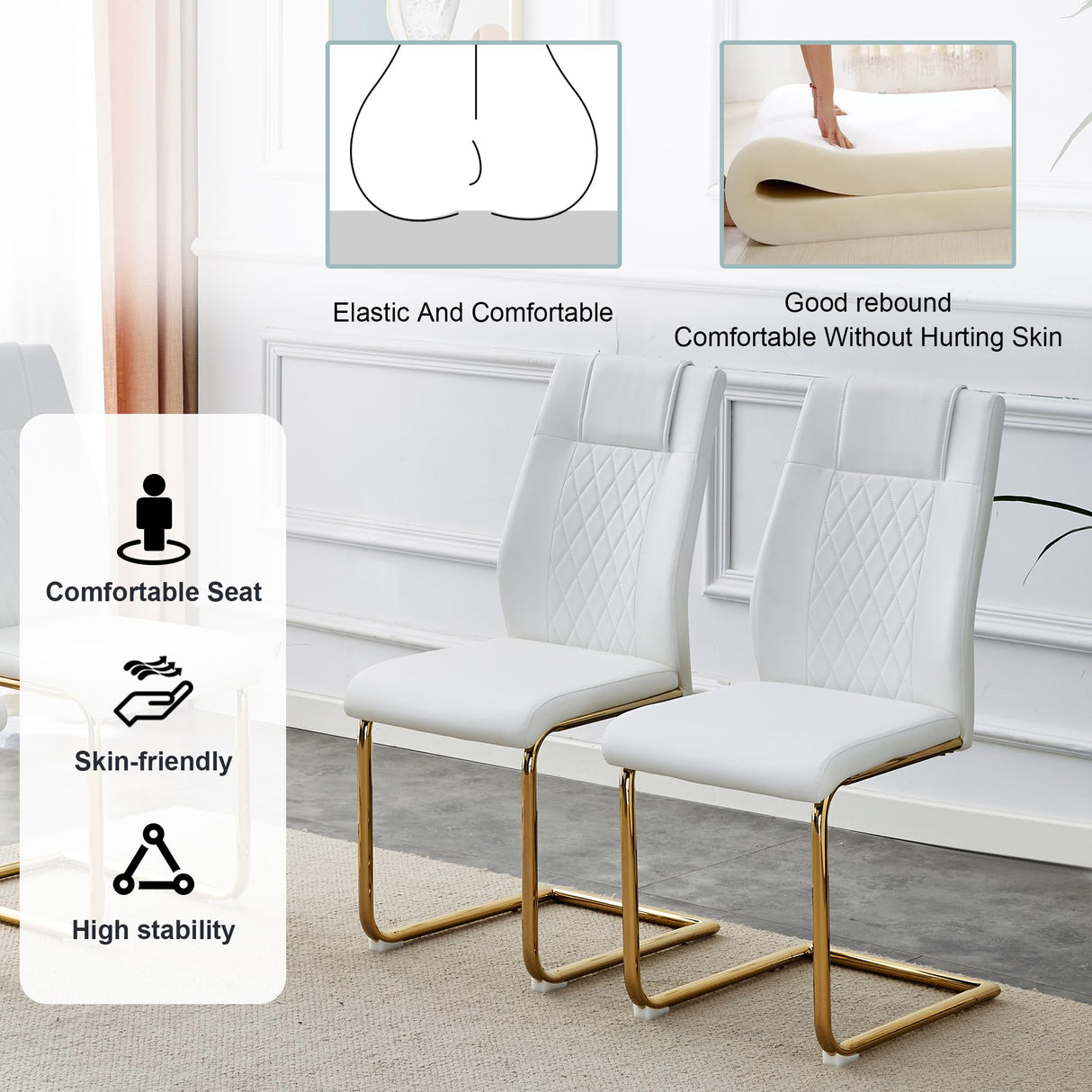 JEARGE Glass Dining Table Set for 6, Modern Kitchen Table Set for 6, 71" Tempered Glass Tabletop with U-Shaped Gold Base, 7 Ppiece Large Dining Room Table Set with White PU Leather Chairs JEARGE