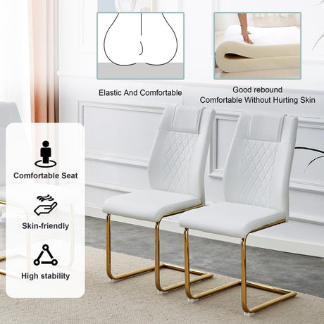 JEARGE Glass Dining Table Set for 6, Modern Kitchen Table Set for 6, 71" Tempered Glass Tabletop with U-Shaped Gold Base, 7 Ppiece Large Dining Room Table Set with White PU Leather Chairs JEARGE