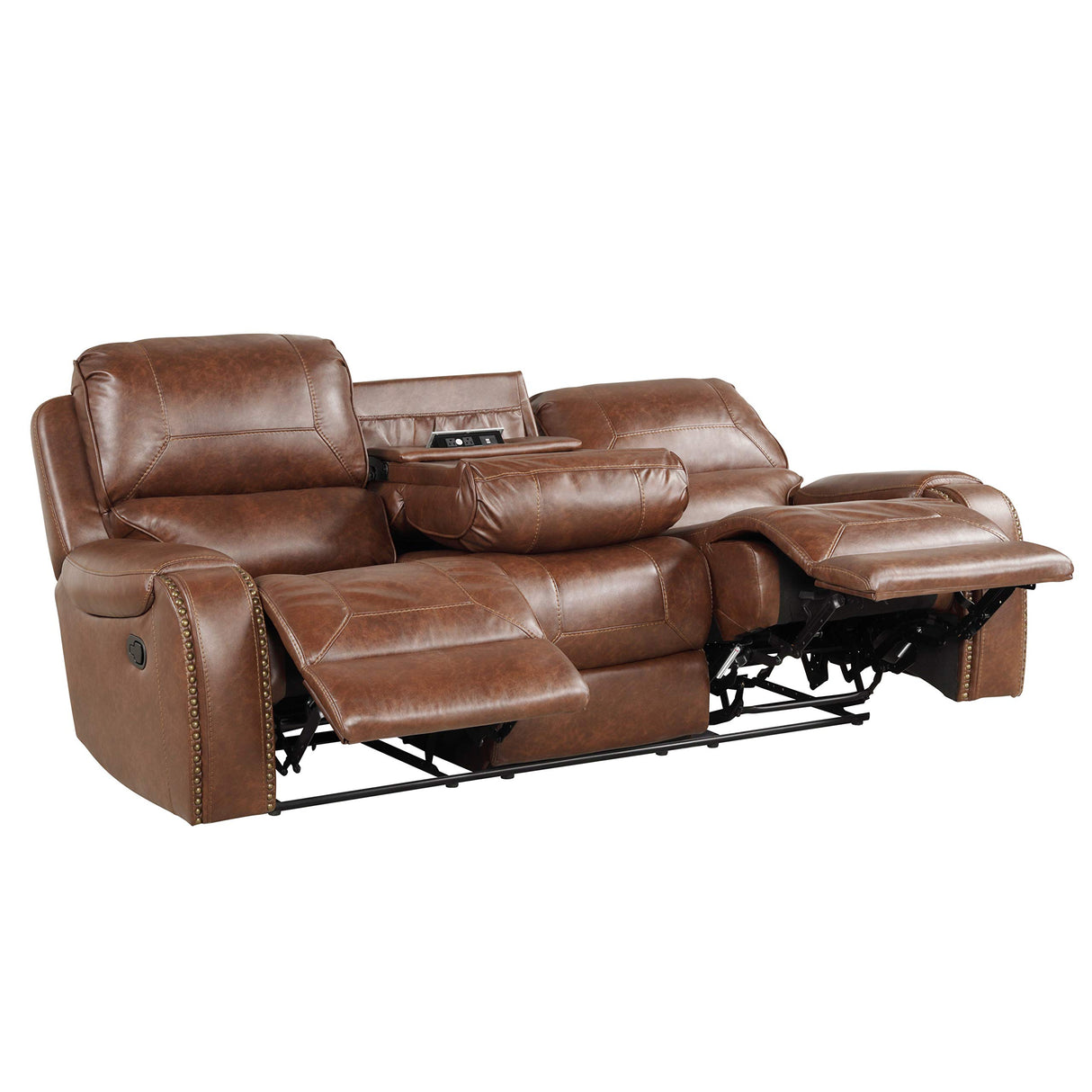Roundhill Furniture Achern Leather Air Nail head Manual Reclining Sofa with Storage Console, Brown Roundhill Furniture