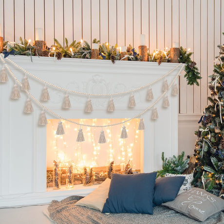Janinka Christmas Bead Tassel Garland 9.8ft Wooden Boho Beads Garland Neutral Christmas Decor Wall Hangings Rustic Farmhouse Home Decor for Christmas Tree Decorative Supplies(Classic Color) Janinka