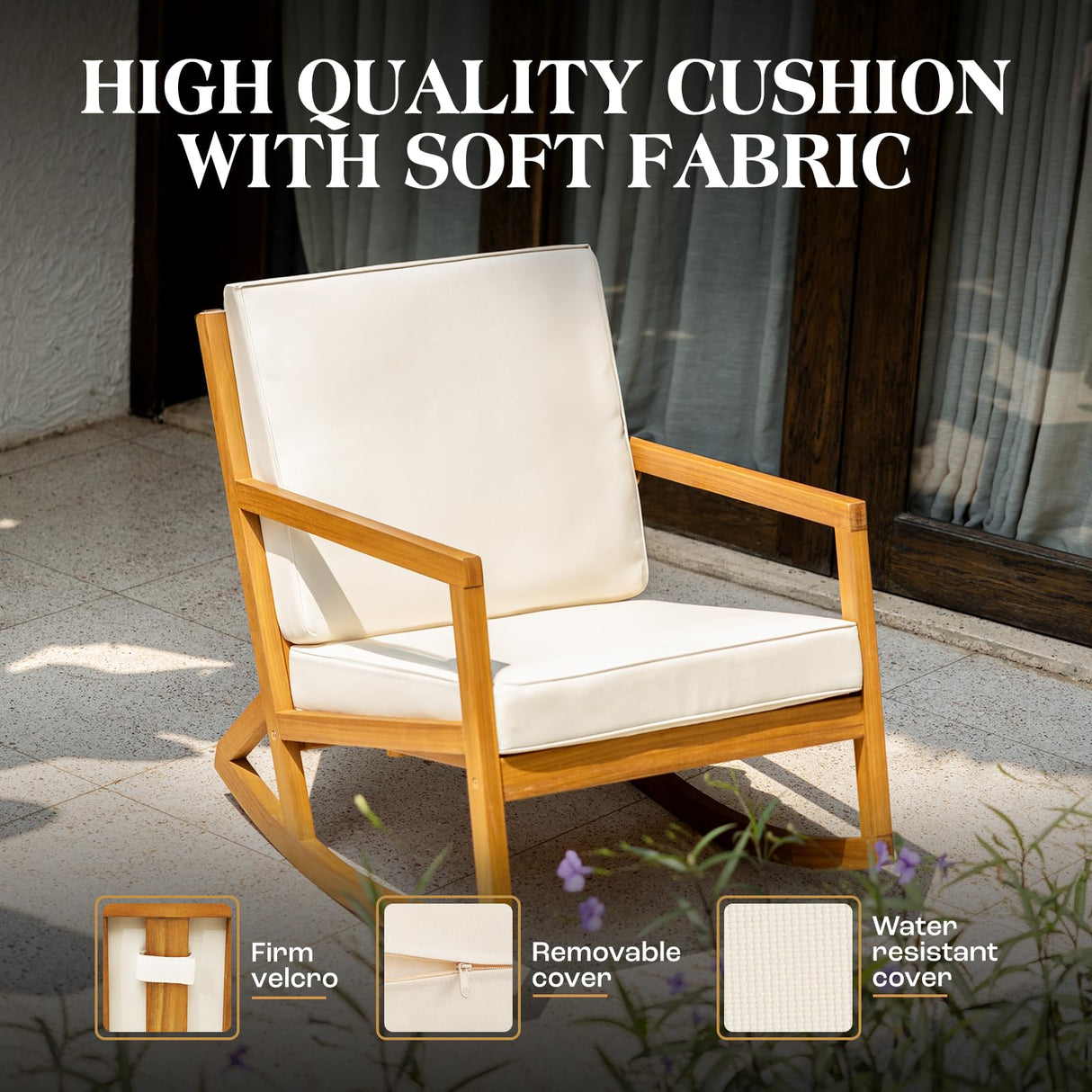 IDZO Premium Club Rocking Chair 500lbs Capacity with Inclined Backrest, Thick Foam, Solid Acacia Wood Rocker for Patio, Backyard, Balcony, Porch, Beige - 2 Cushions IDZO