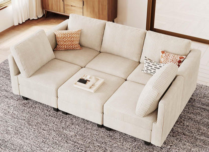 Belffin Modular Sectional Sleeper with Storage Ottoman Corduroy Sectional Couch with Chaise Convertible Modern Sectional Sofa Couch Beige