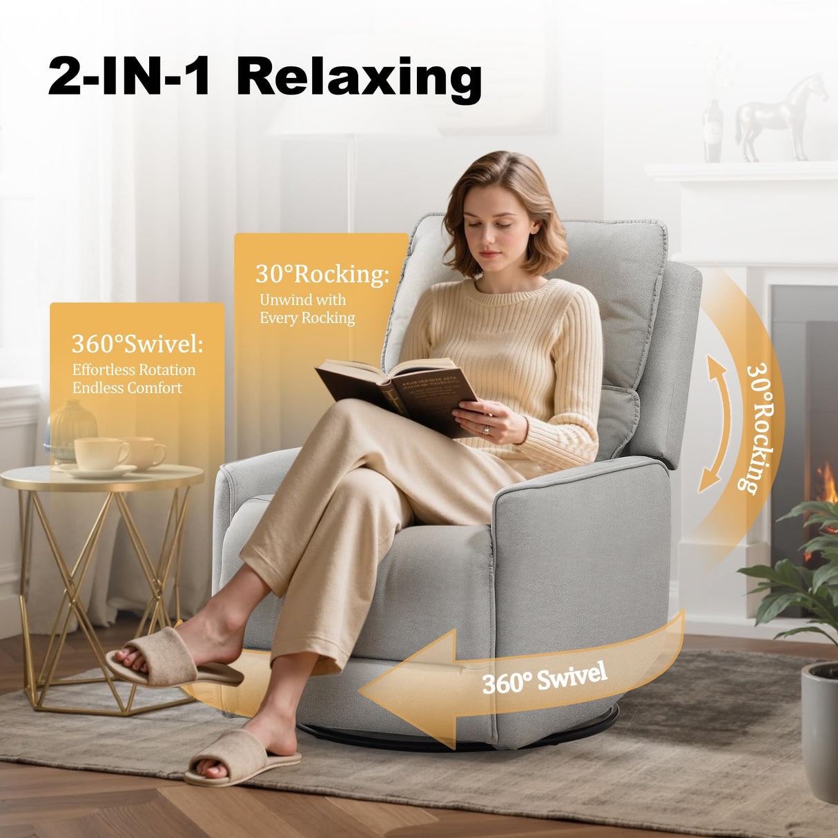Korser Recliner Chair 360 Swivel Rocker Recliner Chairs for Adults, Small Recliners for Small Spaces, Upholstered Nursery Chairs with Side Pockets, Glider Rocking Chair for Living Room, Nursery Room Korser