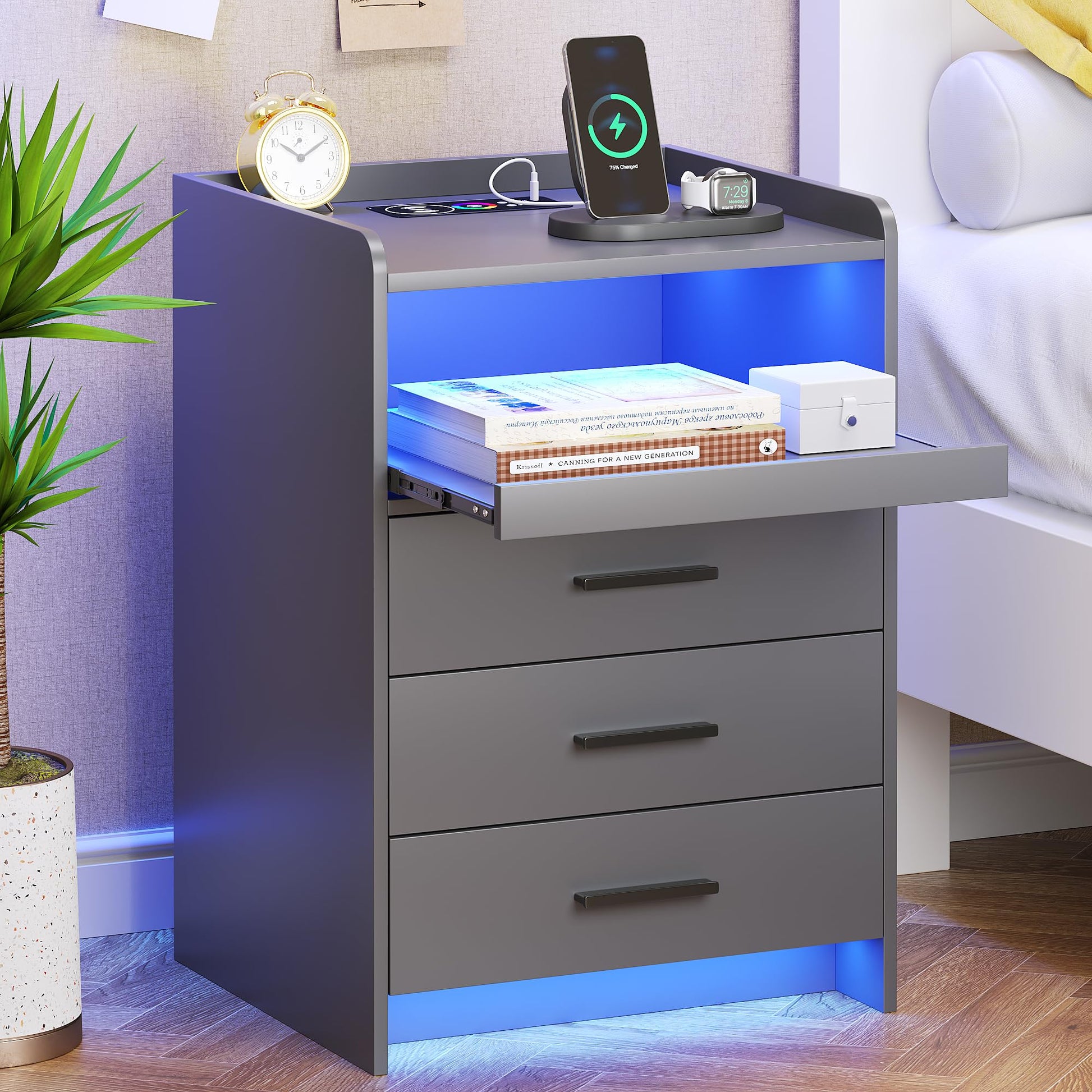 FREDEES Nightstand with Wireless Charging Station Bedside Table with RGB Light & Human Sensor Design 3 Drawers LED Modern Night Stand End Table for Bedroom Livingroom Office- Grey - WoodArtSupply