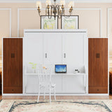 Brabrety Queen Size Wooden Murphy Bed Wall Bed with Closet,Drawers and Table,for Small Spaces Studio Study Office Guest Room Use (White#s, Queen) Brabrety