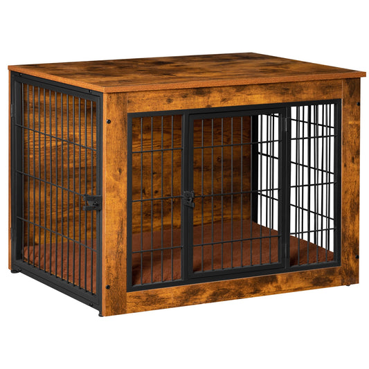 Bigrab Dog Crate Furniture with Thick Cushion, Side End Table Wooden Dog Cage with Double Doors, Chew-Resistant Dog Kennel Dog House Indoor for Small to Large Dog, M