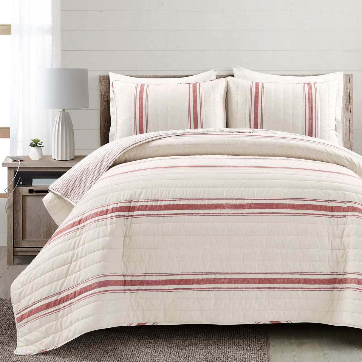 Lush Decor Farmhouse Stripe Reversible Cotton Quilt King Size 3 Piece Set Red - Farmhouse Bedding Set King Quilt - Striped Bedding Lush Decor