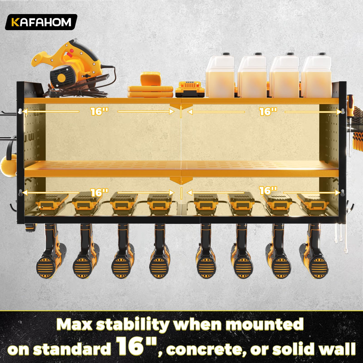 KAFAHOM Power Tool Organizer with Charging Station, Built in 8 Outlet Power Strip,Large 8 Drill Holder Wall Mount, Heavy Duty Metal Power Tool Storage Rack Tool Shelf for Garage Organization Black KAFAHOM