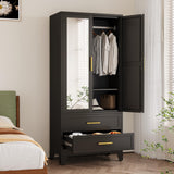 winiowa Metal Armoire Wardrobe Closet with 2 Drawers, 71" Wardrobe Cabinet with Adjustable Shelves and Hanging Rod, Clothing Storage Cabinet Closet with Mirror for Bedroom-Black winiowa