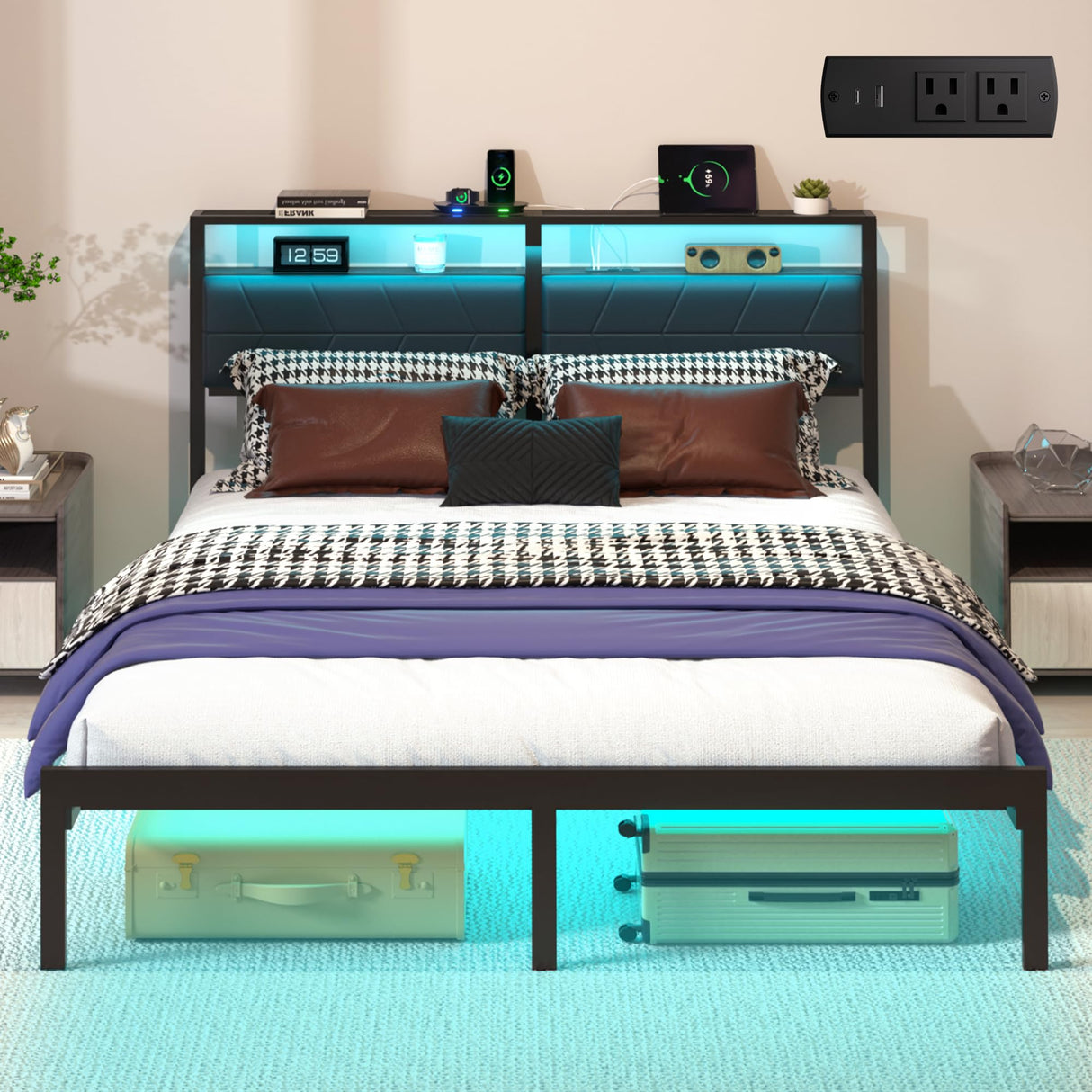 J.Fkne Queen Bed Frame with LED Lights & Charging Station, Metal Platform Bed Frame with 2 Tier Storage Headboard, Under Bed Storage, No Box Spring Needed, Noise Free, Easy Assembly J.Fkne