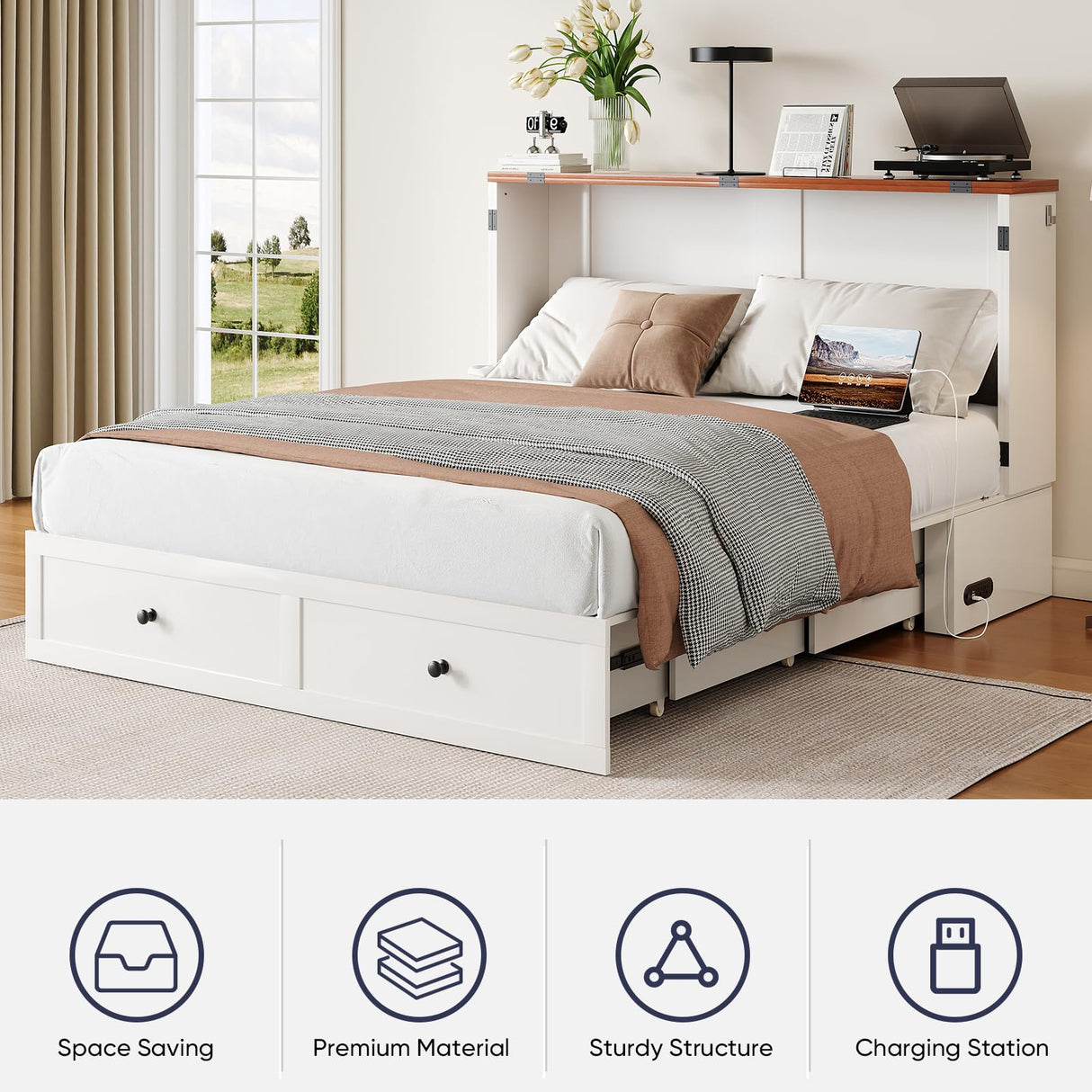 ijuicy Queen Murphy Bed with Storage & Multifunctional Charging Station, Modern Murphy Cabinet Bed with Foldable Panel, Space-Saving Beds for Guest Bedroom,Living Room(White & Brown,with Mattress) ijuicy