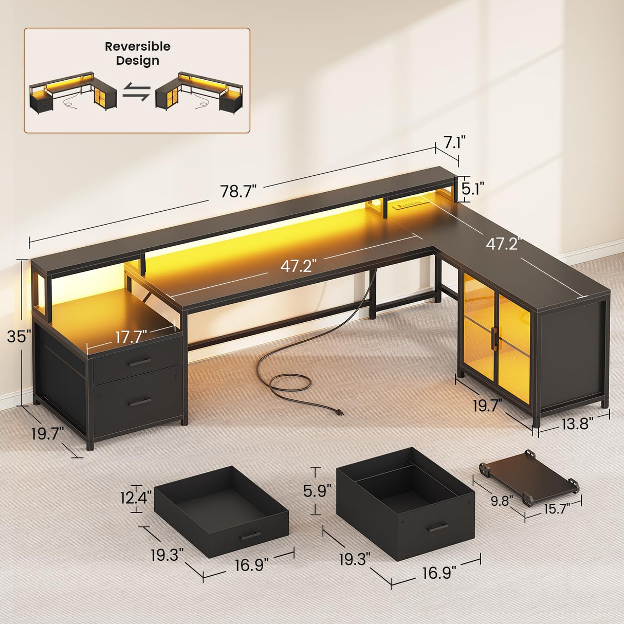 SEDETA L Shaped Gaming Desk, 78.7” Large Computer Desk with Drawers and Power Outlet & LED Light, Corner Gaming Desk with Storage Shelves, Display Cabinet for Home Office, Black SEDETA