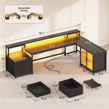 SEDETA L Shaped Gaming Desk, 78.7” Large Computer Desk with Drawers and Power Outlet & LED Light, Corner Gaming Desk with Storage Shelves, Display Cabinet for Home Office, Black SEDETA