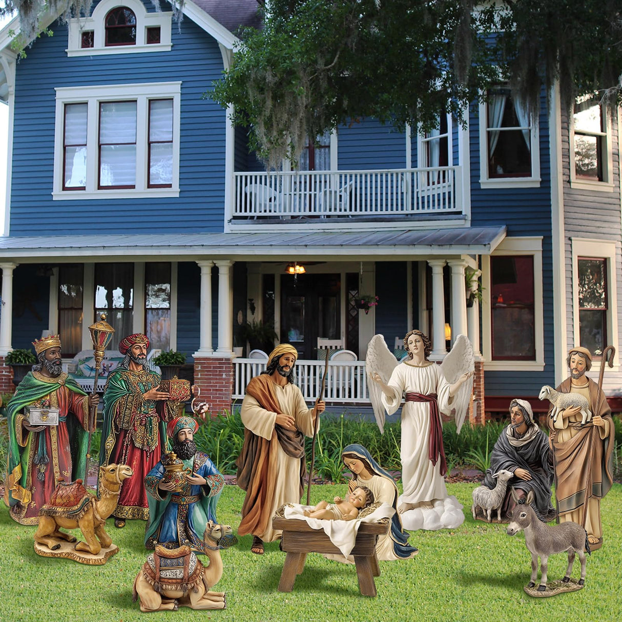 MorningRo 12 Pcs Christmas Outdoor Nativity Scene Set, Large 52" Tall Metal Holy Family Yard Decorations with Stake, Lifelike High Joseph, Mary, Baby Jesus, Angel, Three Kings, Shepherd, Donkey, Camel MorningRo