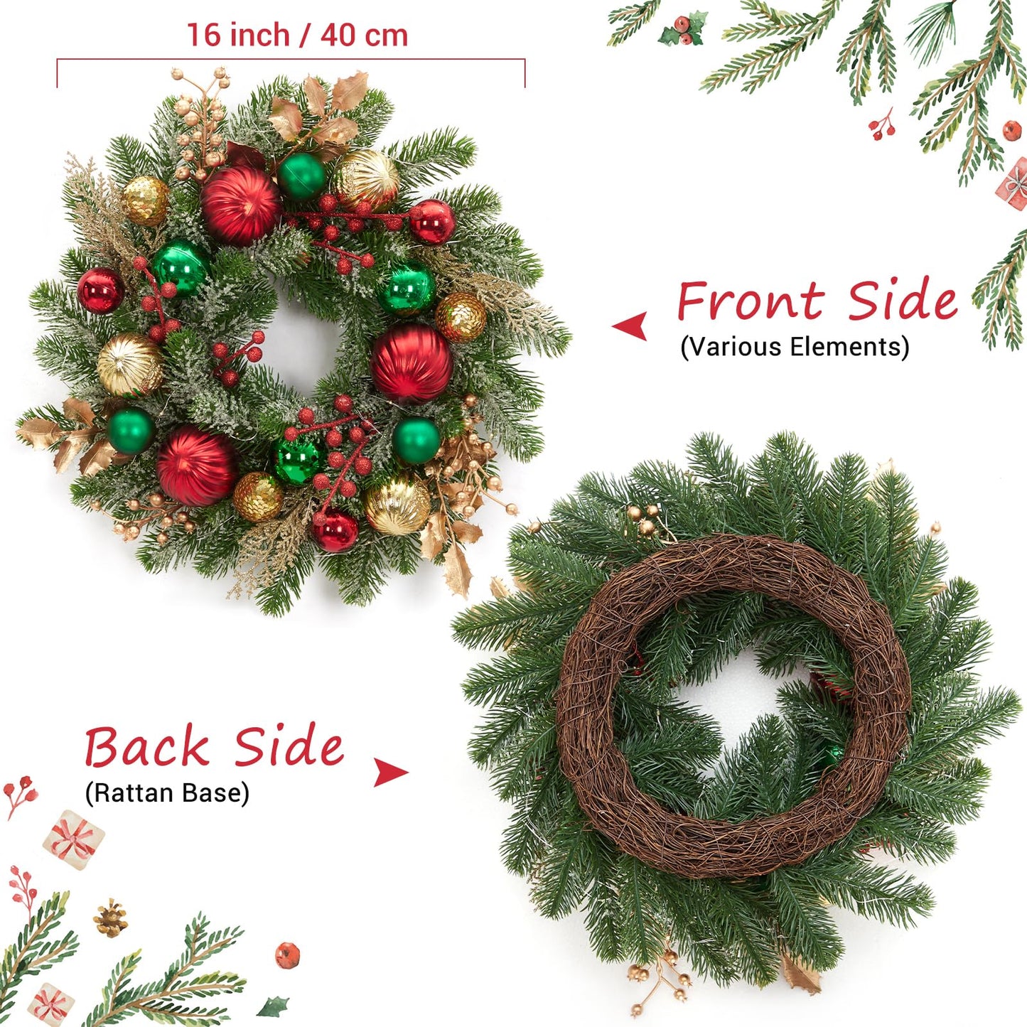 Adeeing 16" Christmas Wreath for Front Door, Lighted Christmas Wreath with 30 LED Lights Timer Red Green Gold Xmas Balls, Battery Operated Snow Flocked Winter Wreath for Fireplace Window Outdoor Decor