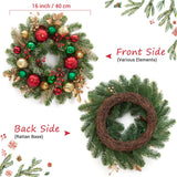 Adeeing 16" Christmas Wreath for Front Door, Lighted Christmas Wreath with 30 LED Lights Timer Red Green Gold Xmas Balls, Battery Operated Snow Flocked Winter Wreath for Fireplace Window Outdoor Decor Adeeing