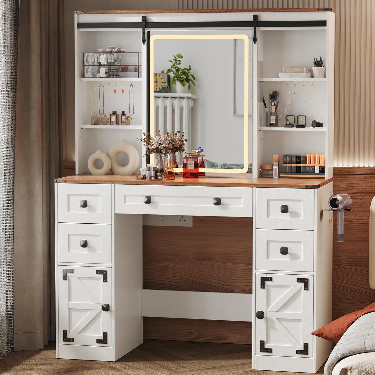 Makeup Vanity Desk with Lights, Large Vanity Desk with Sliding Mirror and Lights in 3 Mode, Farmhouse Vanity with Power Outlet, Vanity Desk with 5 Drawers,2 Cabinets,12 hooks, White Vanity for Bedroom ISHARINGTIME