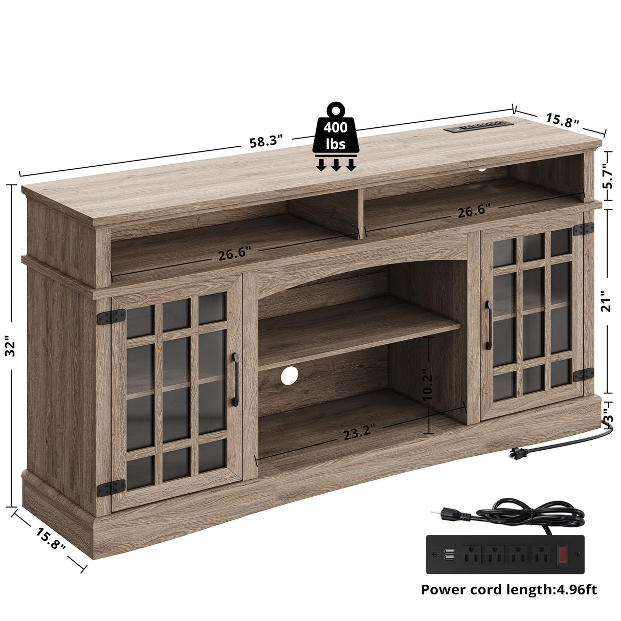 IRONCK Farmhouse TV Stand for 65 Inch TV, 32“Tall Entertainment Center with Power Outlets, Rustic TV Cabinet with Glass Door Media Console, TV Console for Living Room, Light Rustic Oak IRONCK