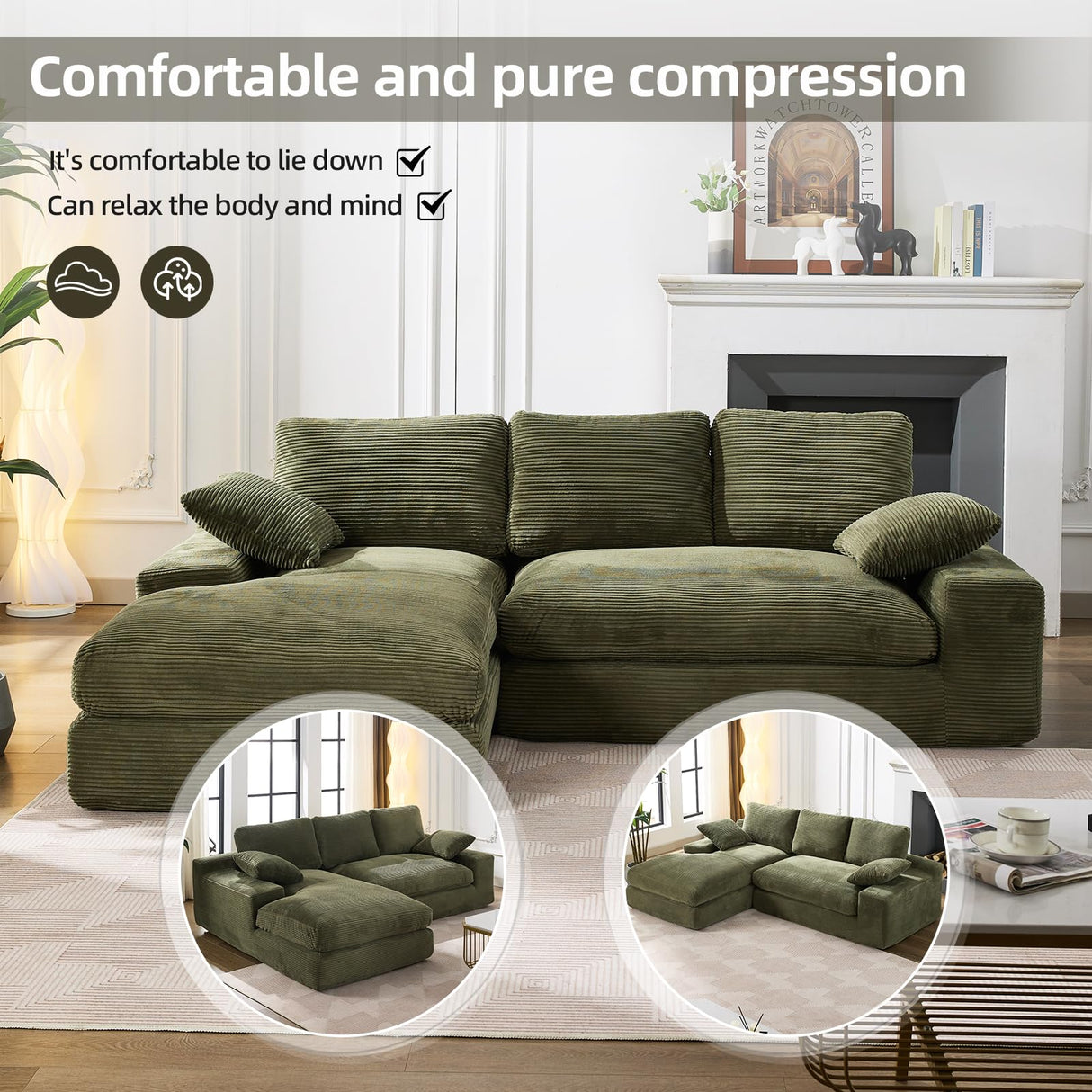 98.4" Green Sectional Sofa Cloud Modular Sectional Couch with Chaise,Corduroy Sectional Couches L-Shaped Modern Upholstered Sofa with Deep Seat for Living Room and Bedroom,No Assembly Required(Green) XSZD