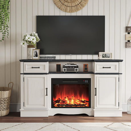 Maupvit Fireplace TV Stand for up to 65 inch TV, Entertainment Center with 23" Fireplace, Farmhouse TV Stands with Electric Fireplace, 2 Storage Cabinets, 2 Drawers for Living Room, White Maupvit