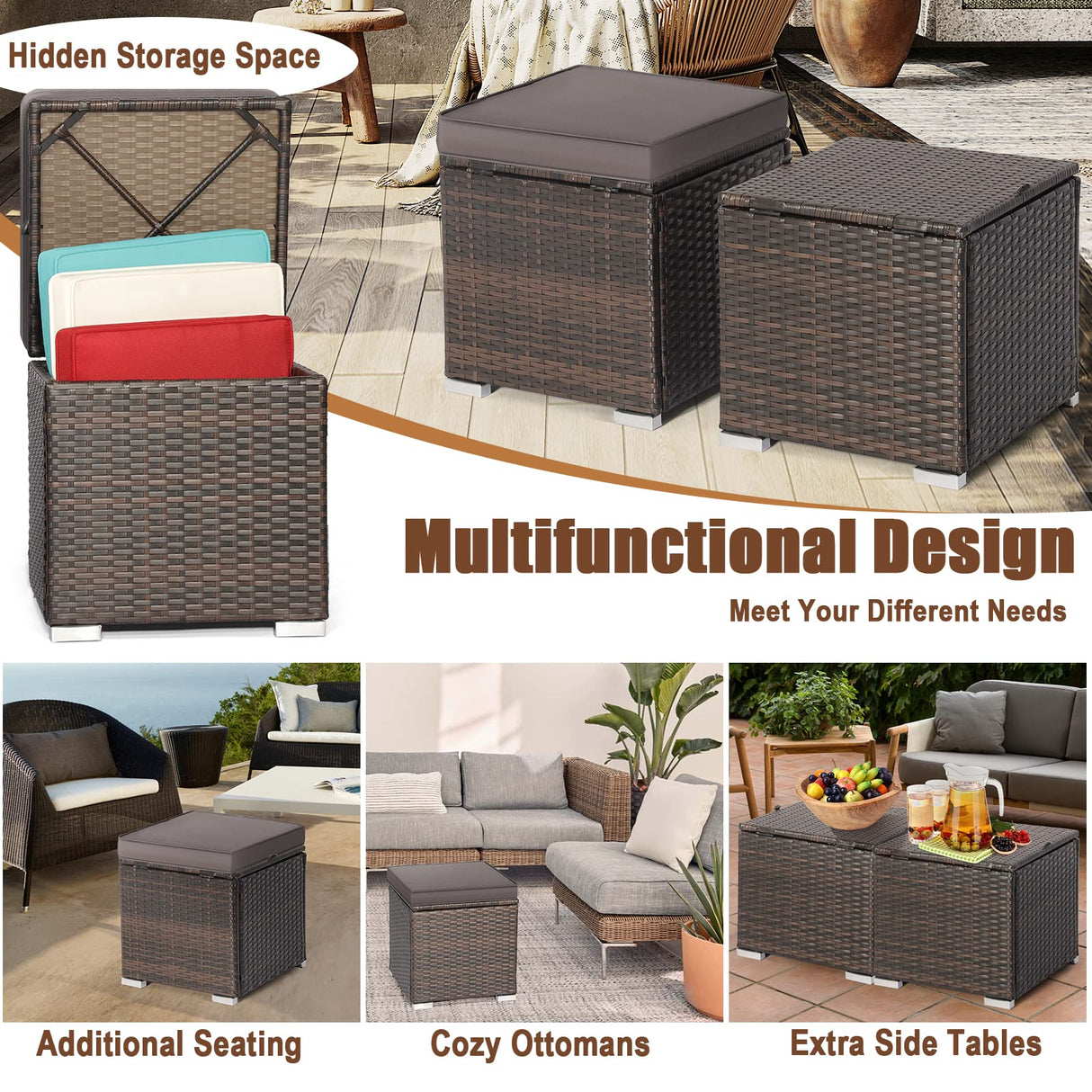 RELAX4LIFE Wicker Outdoor Storage Ottoman, 2-Piece Rattan Footstool w/Removable Cushion, Multipurpose Footrest Stool Side Table Additional Seating, Set of 2 Outdoor Ottomans for Patio Deck (Grey) RELAX4LIFE