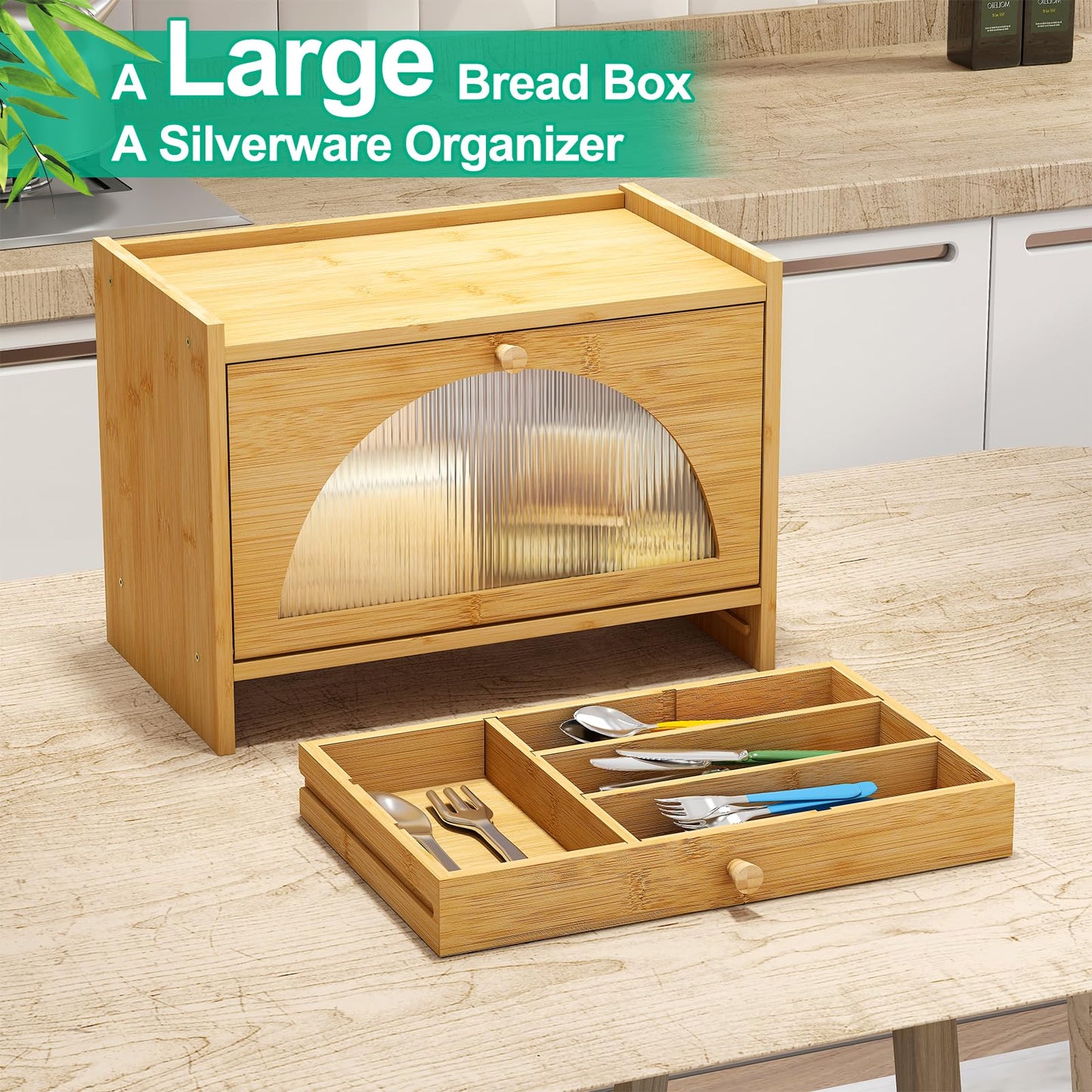 kiplant Bread Box for Kitchen Counter, Bamboo Bread Storage Container with Silverware Drawer Organizer, Bamboo Wooden Farmhouse Bread Box for Your House