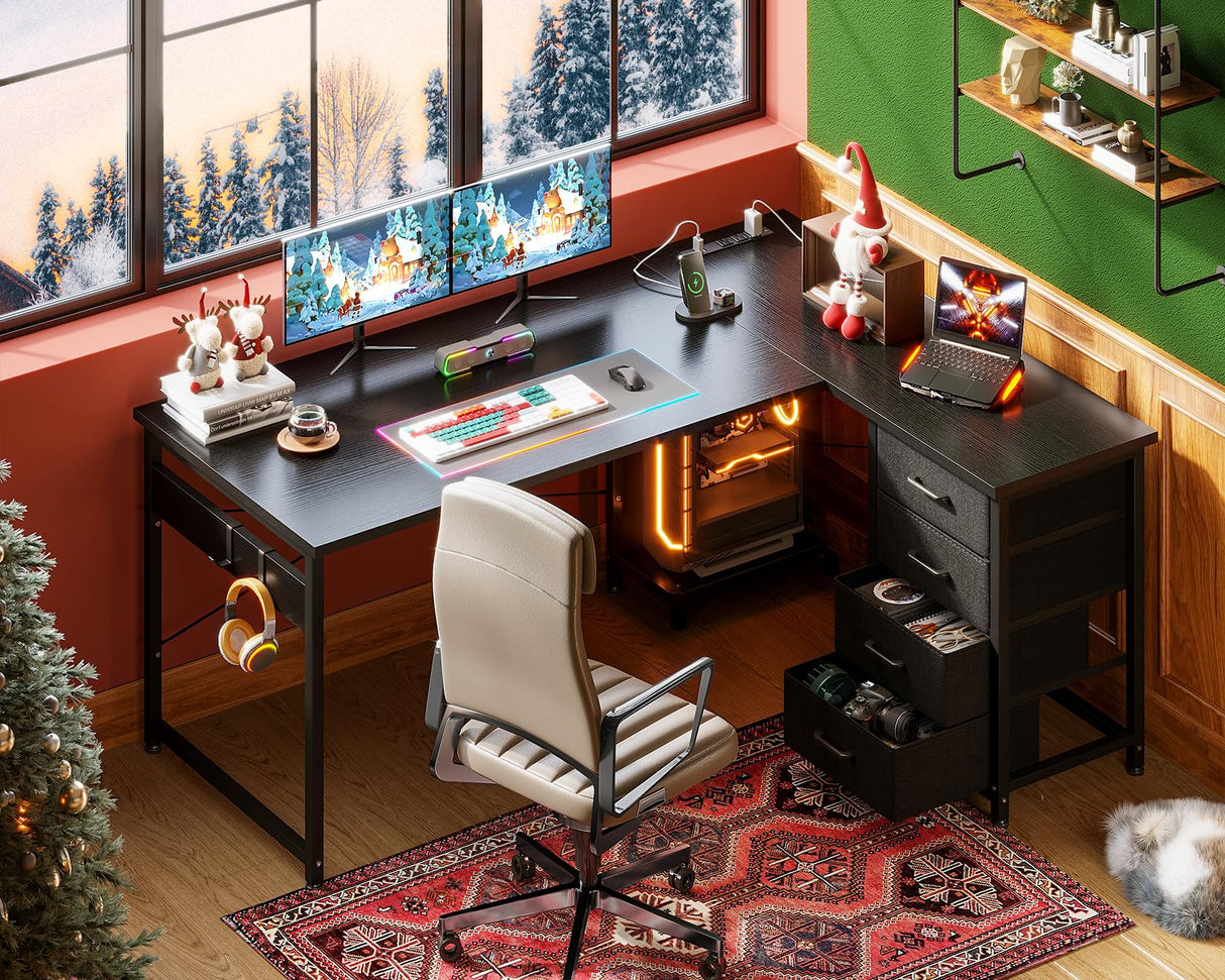 AODK L Shaped Gaming Desk with 4 Drawers, 53" Reversible Home Office Desks with Power Outlets, L Shaped Computer Desk with USB Charging Port and Host Stand, Corner Desk, Easy to Assemble, Black AODK