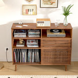 Jluomei Large Record Player Stand, Mid-Century Turntable Stand with Doors and Charging Station Record Player Table Holds Up to 450 Albums Vinyl Storage Display Shelf for Living Room, Walnut Jluomei