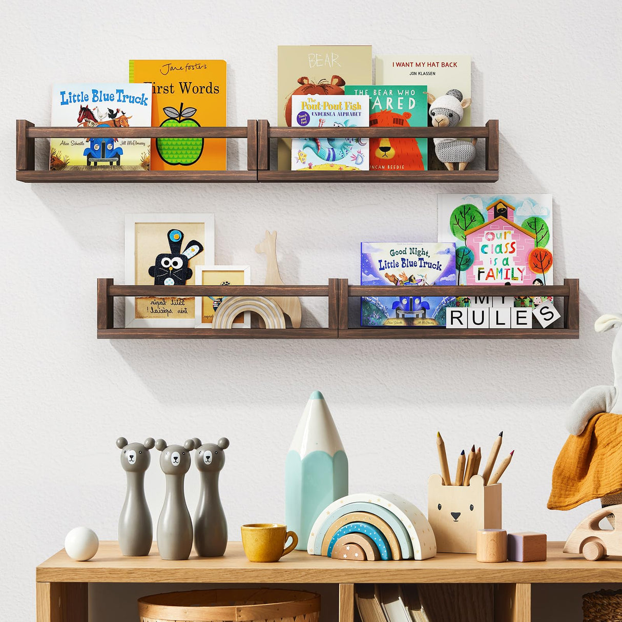 Fixwal Nursery Book Shelves, 16.5 Inch Floating Bookshelves for Nursery and Playroom Decor, Set of 4, Solid Wood Wall Mounted Shelves for Books and Toys Storage (Brown) Fixwal