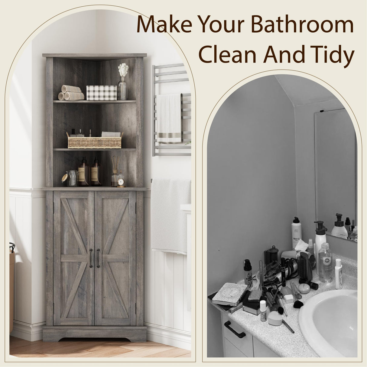Smuxee Tall Corner Storage Cabinet, Farmhouse Corner Cabinet with Barn Door and Adjustable Shelf, Wash Grey Freestanding Cabinet Organizer for Bathroom, Kitchen, Living Room Smuxee