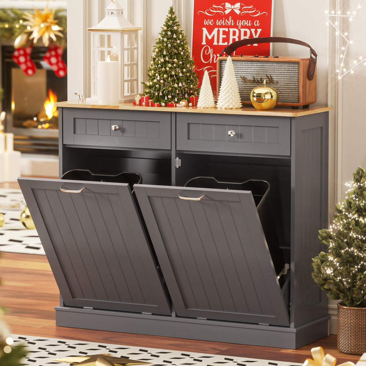 Spurgehom Double Tilt Out Trash Cabinet Kitchen Island,Laundry Hamper Pull Out Trash Can Cabinet 2X13 Gallon Freestanding Pet Proof Trash Can Garbage Can Holder for Living Room Dining Room,Grey Spurgehom