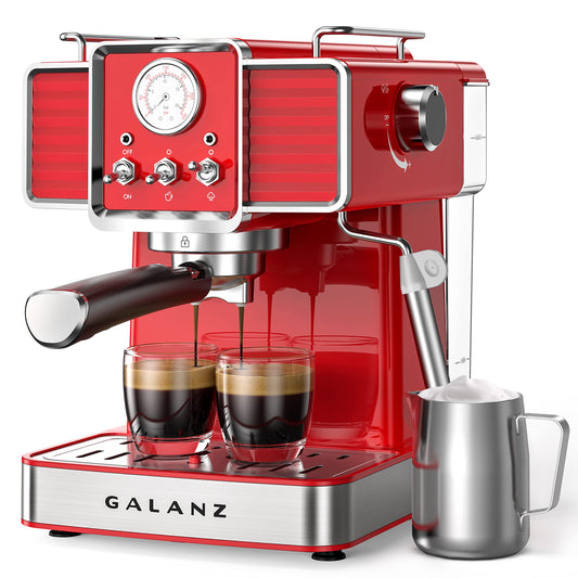 Galanz Retro Espresso Machine with Milk Frother, 15 Bar Pump Professional Cappuccino and Latte Machine, 1.5L Removable Water Tank, Retro Red, 1350 W