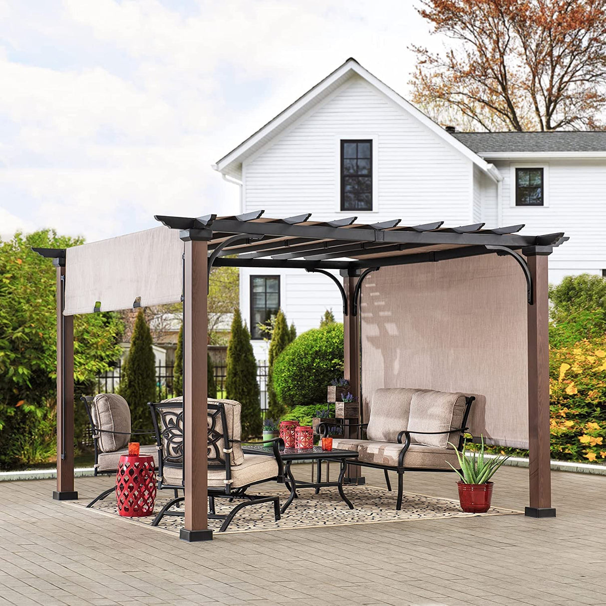 Sunjoy Outdoor Pergola 11 x 11 ft. Black Steel Pergolas with Retractable Tan Sun Shade Canopy for Patio, Backyard, Garden Activities by SummerCove Sunjoy