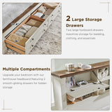 Farmhouse Queen Size Bed Frame with 54" Tall Storage Bookcase Headboard, Wood Platform Bed Frame with 2 Drawers & 18" Tall Roman Column Decoration Footboard, No Box Spring Needed(Antique White) T4TREAM