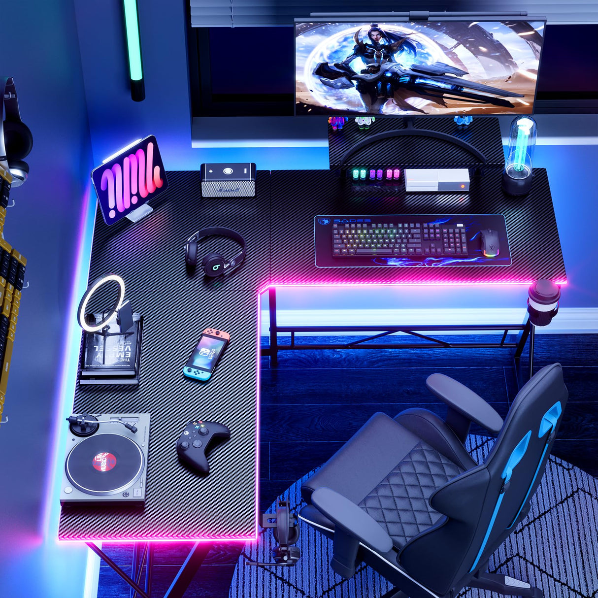 Mr IRONSTONE Gaming Desk with LED Lights, L Shaped Desk Corner with Cup Holder & Headphone Hook, Computer Desk Home Office Desks with Large Monitor Stand, Carbon Fiber Surface, Black 51 Inch Mr IRONSTONE