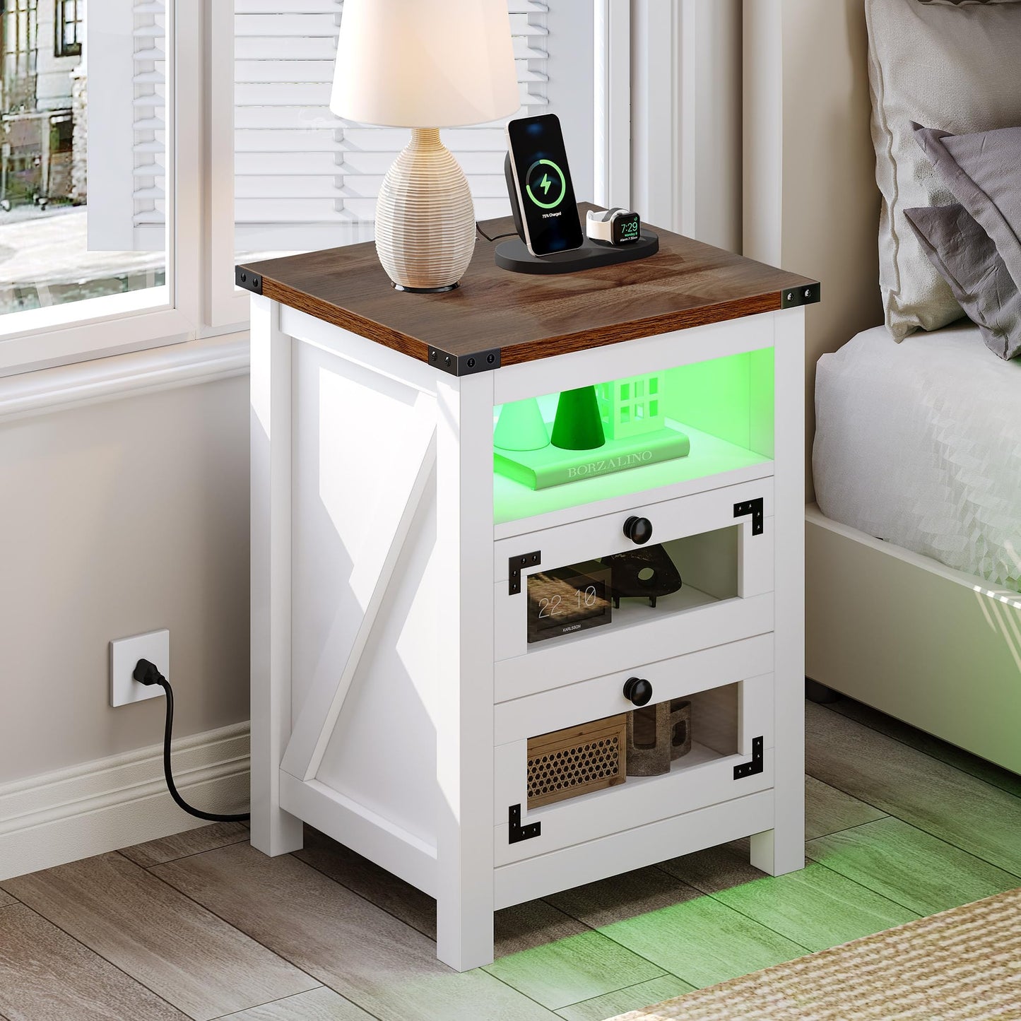 YITAHOME Farmhouse Nightstand with Charging Station, 2 Drawers Night Stand with LED Lights, Wood End Table Side Table with Storage, Walnu + White