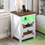 YITAHOME Farmhouse Nightstand with Charging Station, 2 Drawers Night Stand with LED Lights, Wood End Table Side Table with Storage, Walnu + White YITAHOME