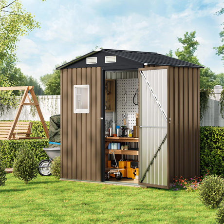 MistMo 6X4FT Outdoor Steel Storage Shed with Lockable Doors, One Window,Ideal for Garden, Backyard, Patio Storage,Brown Mistmo