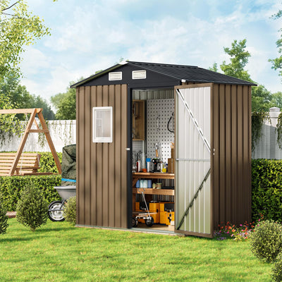 MistMo 6X4FT Outdoor Steel Storage Shed with Lockable Doors, One Window,Ideal for Garden, Backyard, Patio Storage,Brown