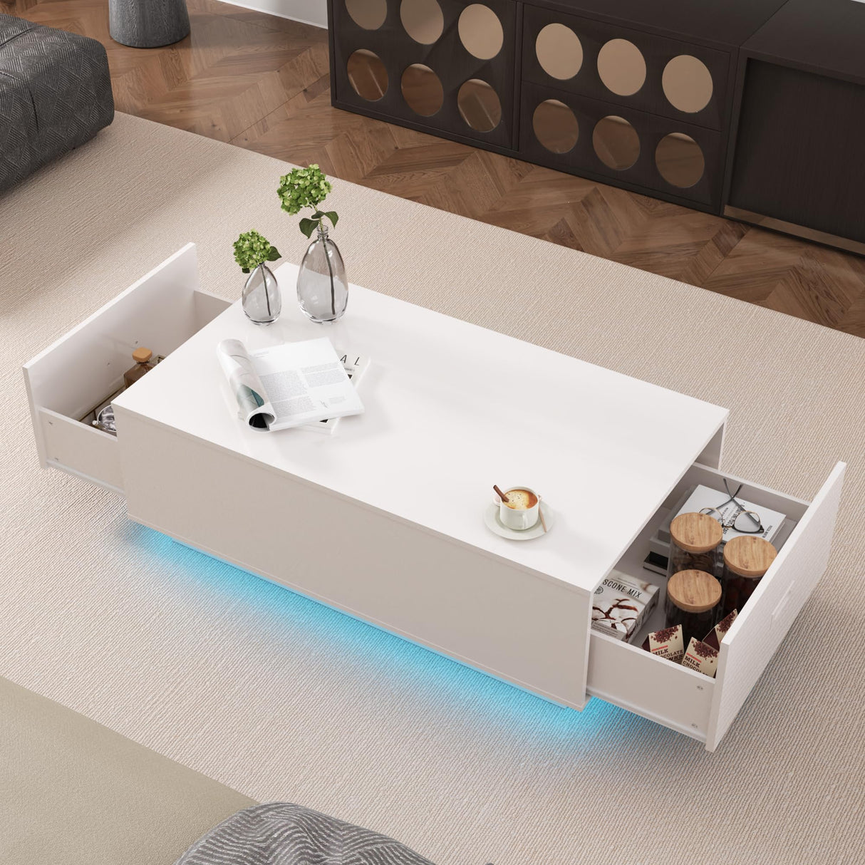 holzart 41" LED Coffee Table with 2 Drawers - High Gloss White Modern Table with Lighting for Living Room (41.33" W x 23.62" D) holzart