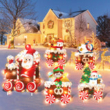 Christmas Train Decorations Yard Signs with LED Lights - Christmas Tree Santa Elf Snowman Train Set Lawn Signs with Stakes for Holiday Xmas Lawn Garden Yard Decorations Outdoor, 5 Pack OuMuaMua